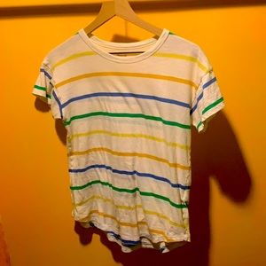 Selling a summer fun striped Madewell tee shirt that’s is blue, green,and yellow